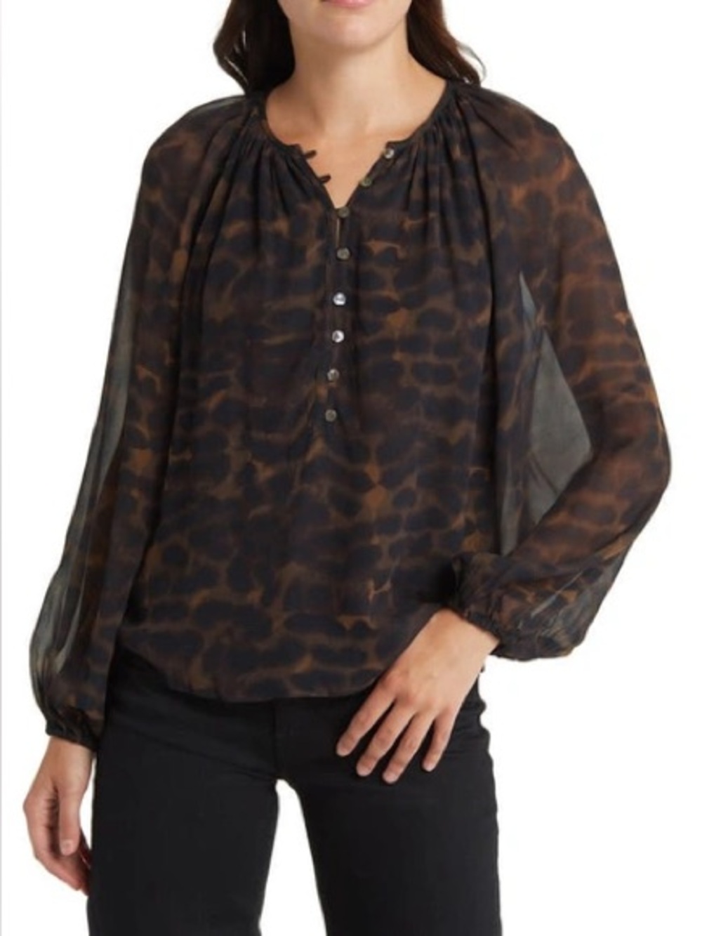 Rails Indi Umber Leopard Print Sheer Henley Blouse Luxury Animal Size S